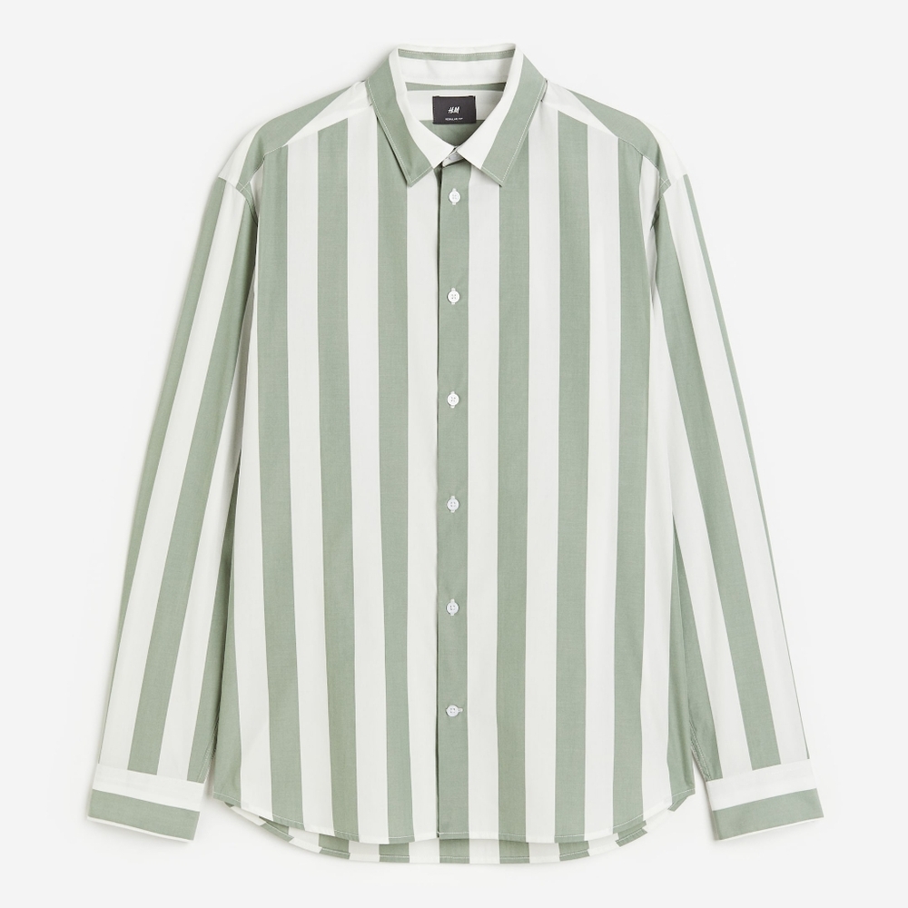 NWT H&M Green & White Striped Button Up Shirt Mens, Regular Fit Poplin Shirt